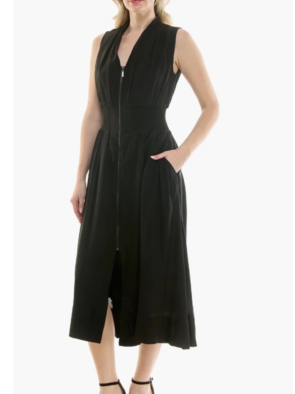 JOIE 💯 Cotton 3X Black Smocked Waist Zip Front Midi Dress Sleeveless NWOT
